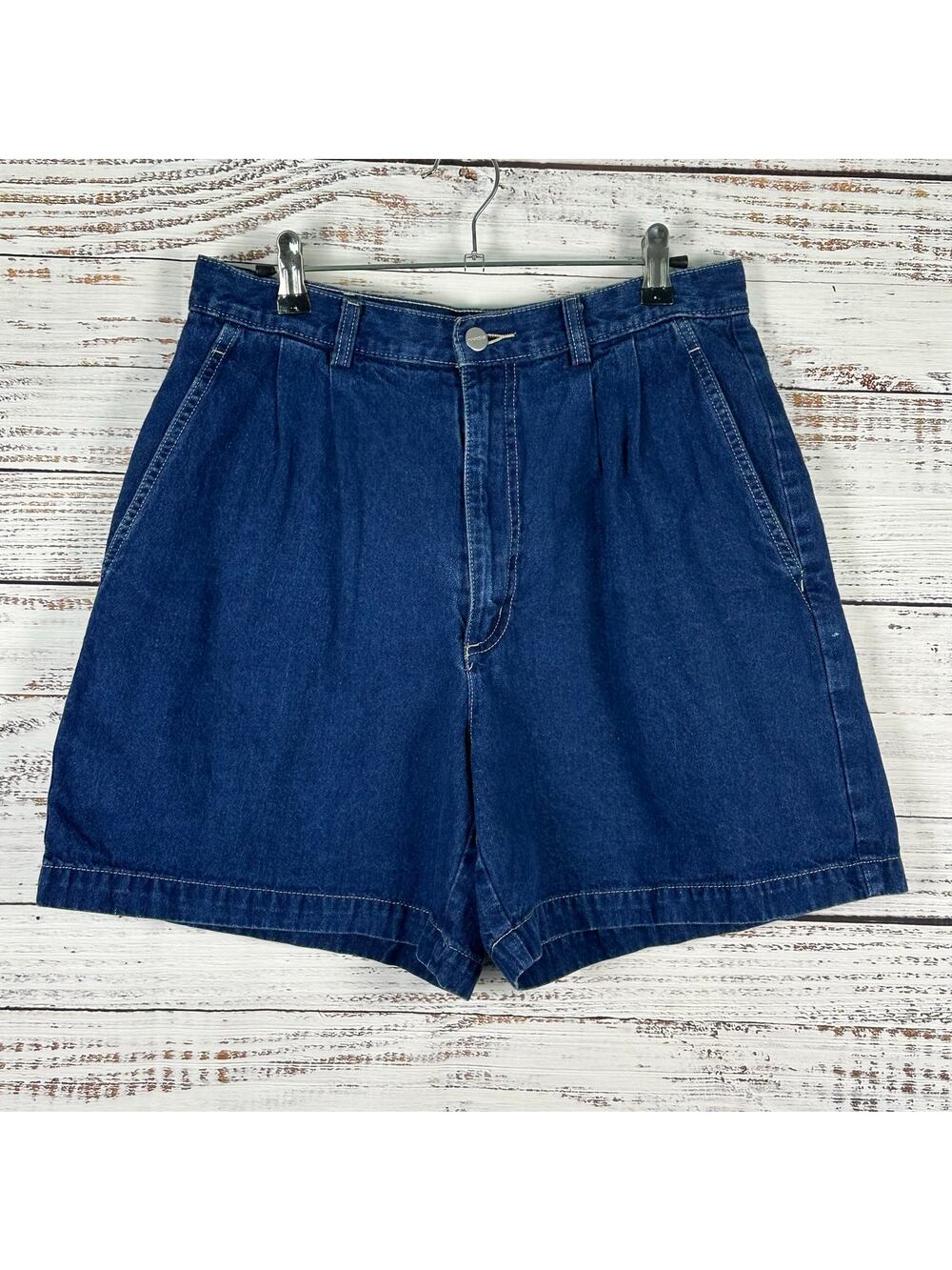 Womens VTG 90s Dockers Blue Denim Pleated Shorts Hi-Rise Cotton Mom Jeans Sz 12